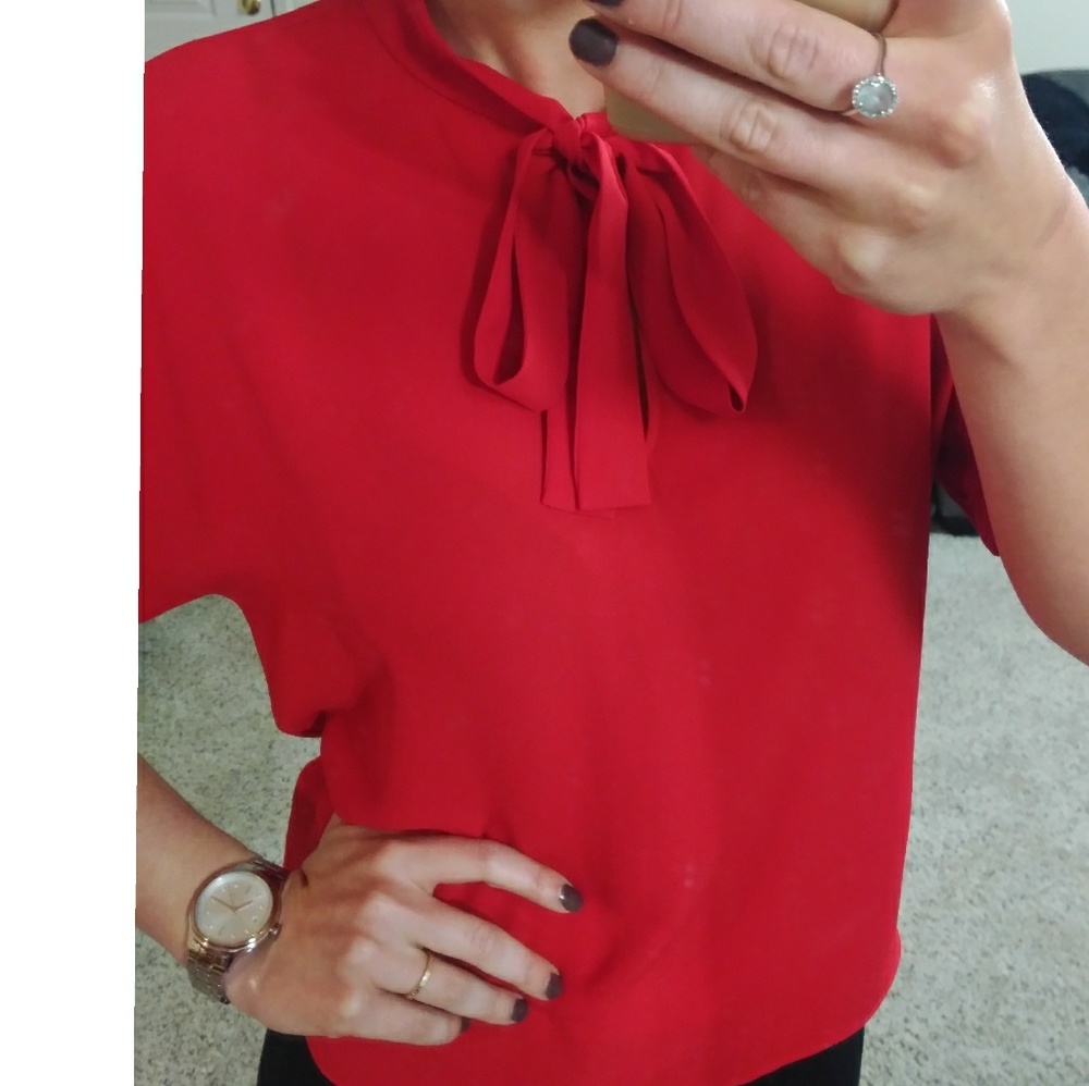 Express Short Sleeve Blouse Hot Red Bow Tie Neck S